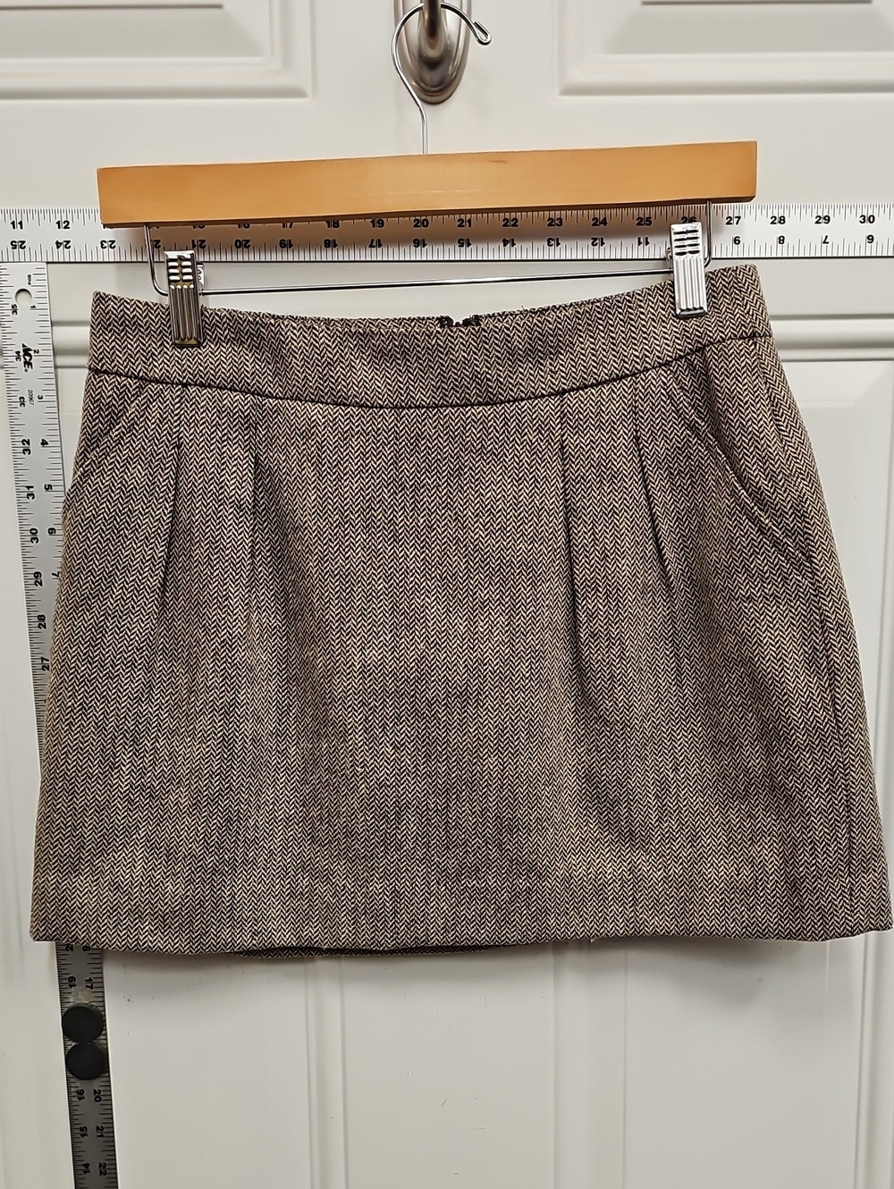 Herringbone Pleat Mini Skirt in Brown-Cream